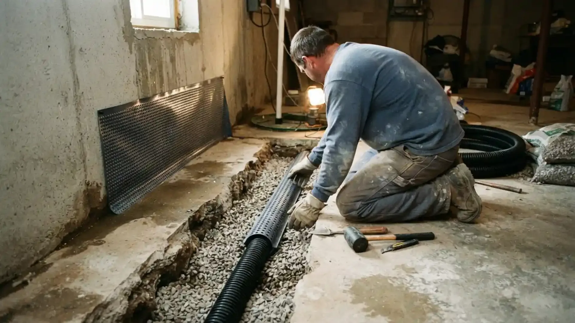 Worker installing an interior perimeter drain along a basement wall
