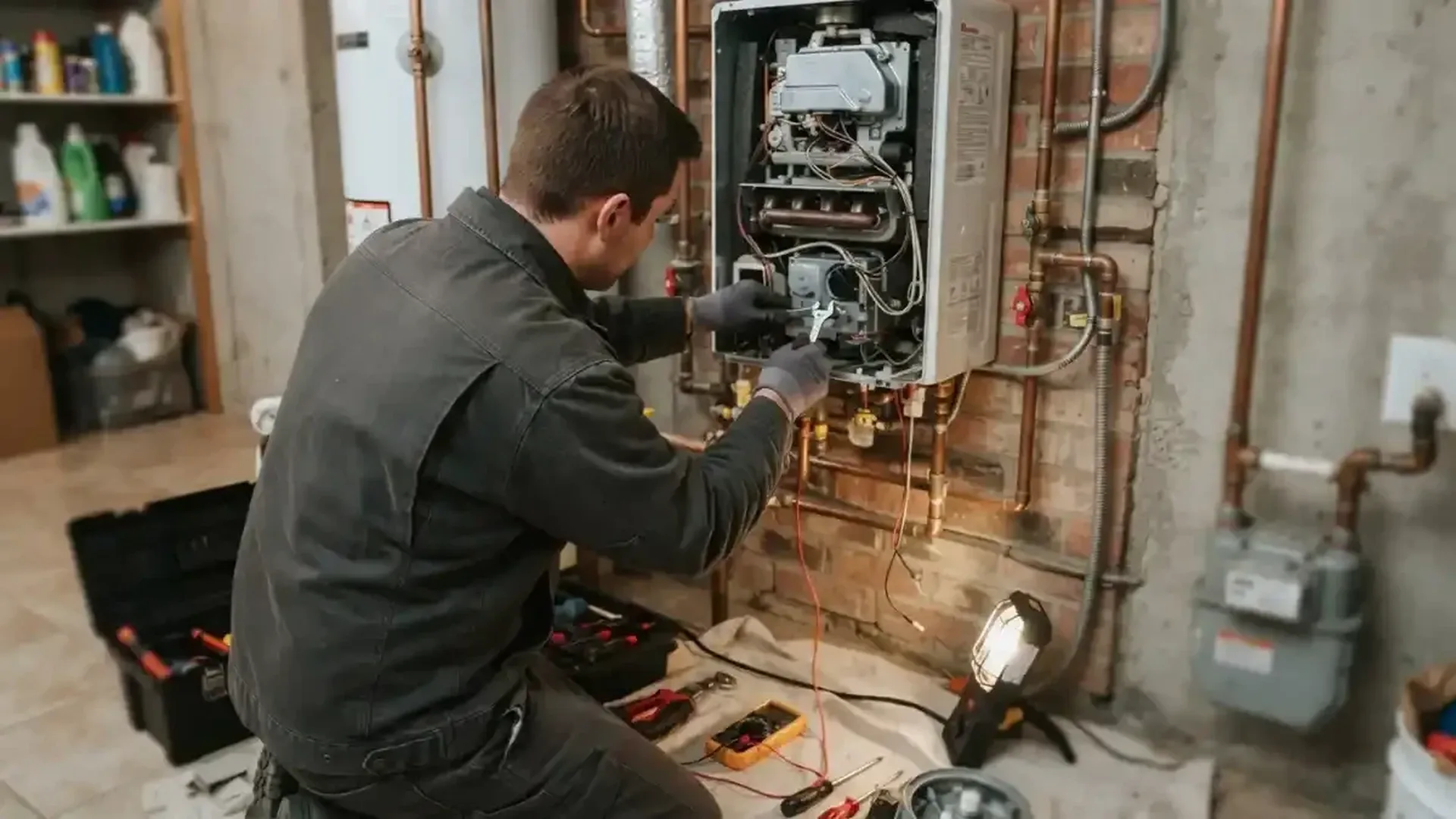 Technician servicing a wall-mounted boiler with a toolbox on the floor