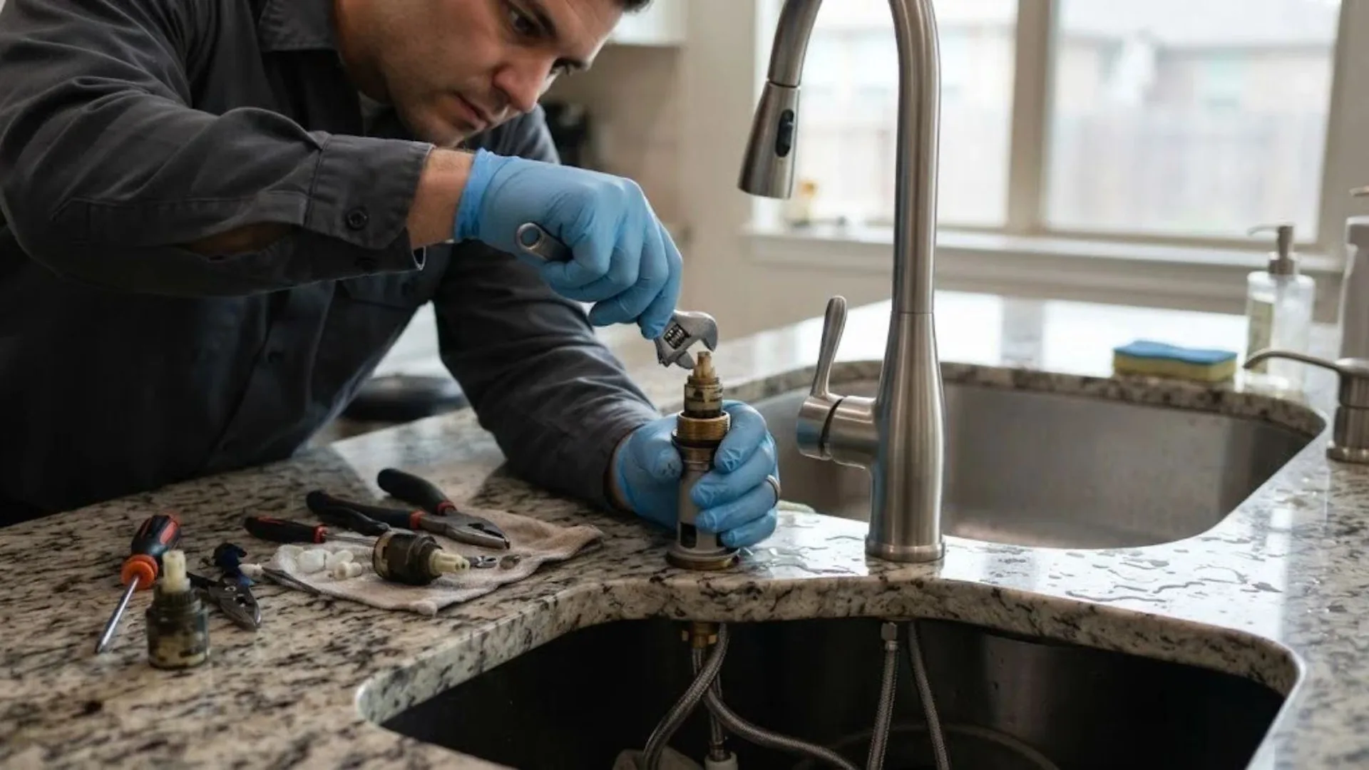 Plumber repairing a kitchen faucet at a granite countertop