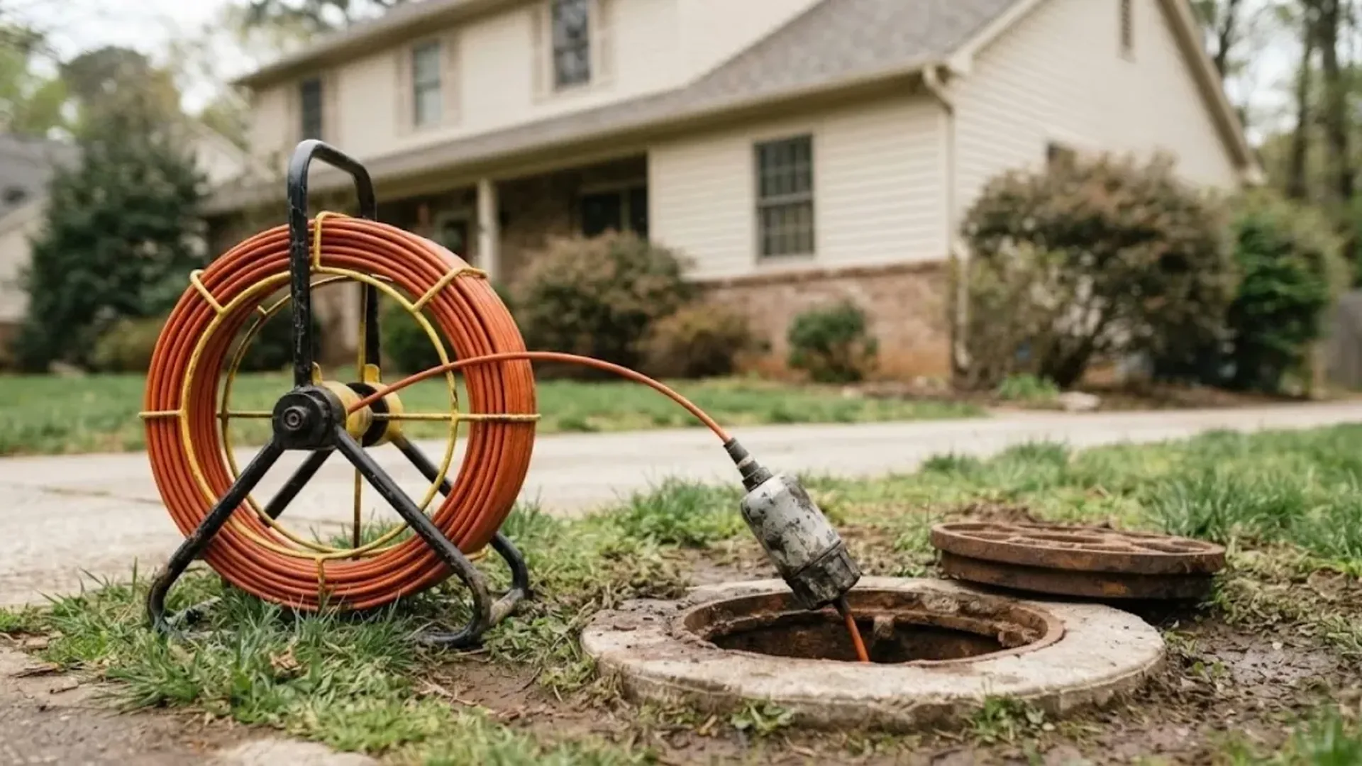 Sewer camera reel and cable at a yard cleanout in front of a home