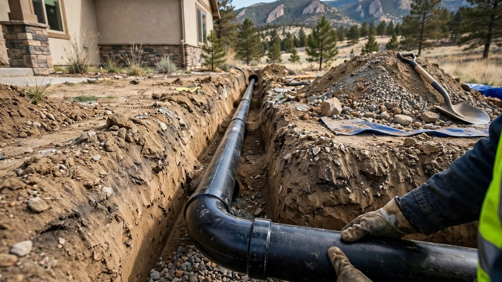 Open trench in a residential yard exposing a black sewer pipe