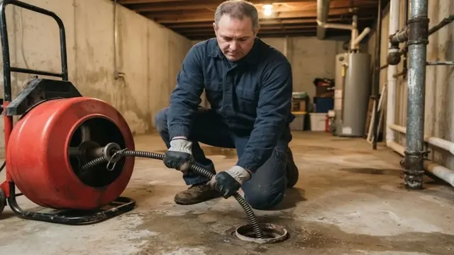 Plumber feeding a drain machine cable into a basement floor drain