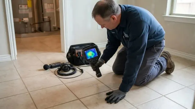 Plumber kneeling on a tile floor with a thermal imaging camera to find a hidden leak