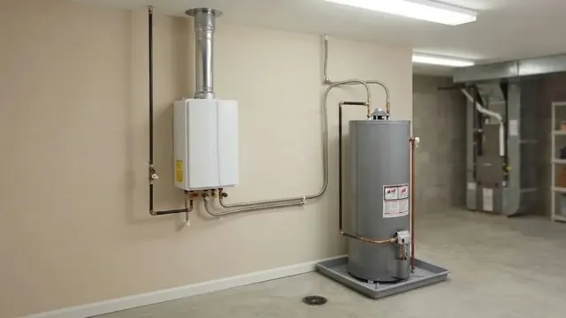 Wall-mounted tankless water heater beside a tank water heater in a utility room