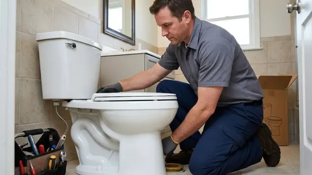 Plumber kneeling beside a toilet to repair it in a bathroom
