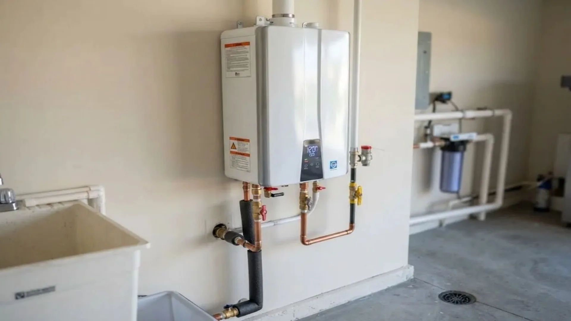 Wall-mounted tankless water heater with copper and gas connections beside a utility sink