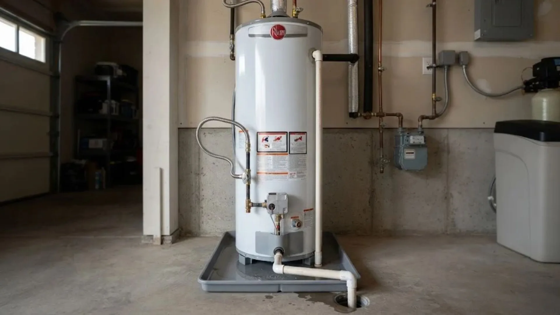 Gas tank water heater sitting on a drain pan in a garage utility corner