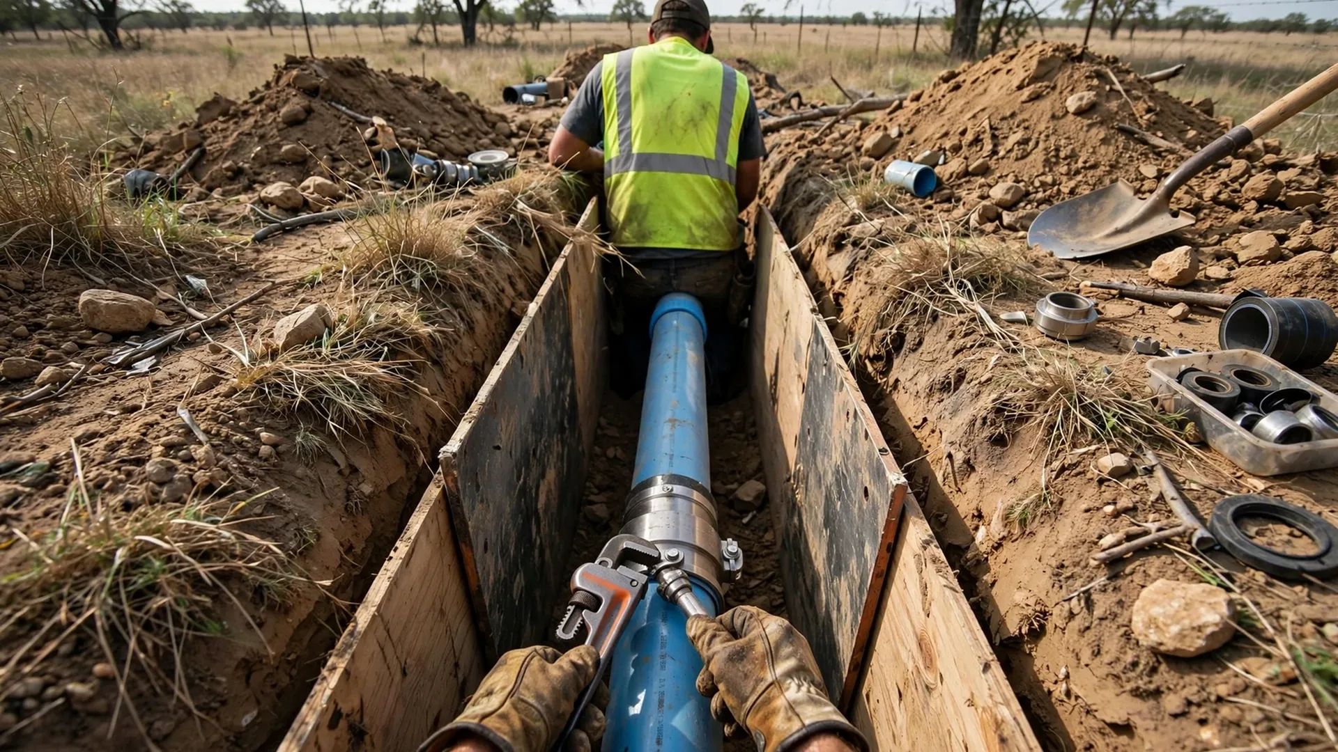 Worker in a trench connecting a blue water service line